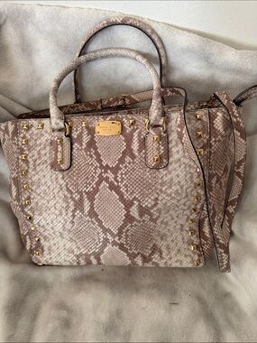 Michael Kors Snake-Print Studded Satchel in Taupe